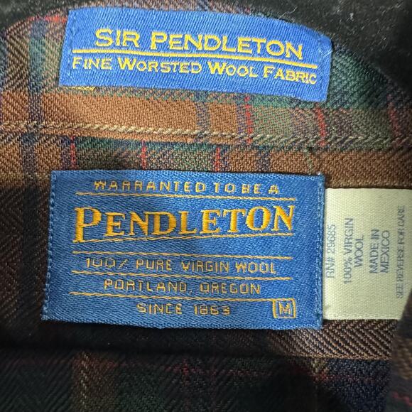 Sir Pendleton Shirt Mens Medium Brown Green Plaid Virgin Wool Button Down - Picture 4 of 16